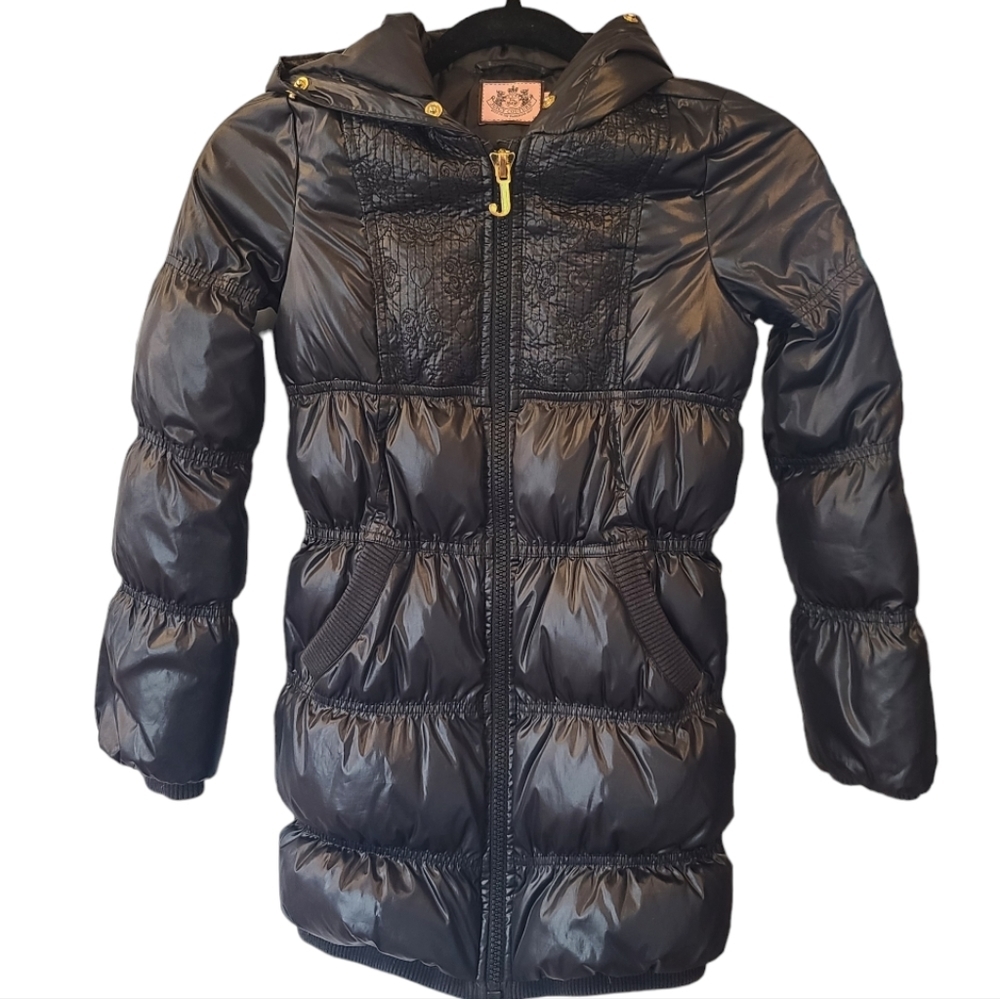 Juicy Couture Girls long Puffer Coat with embroidered logo  Black Pink Gold